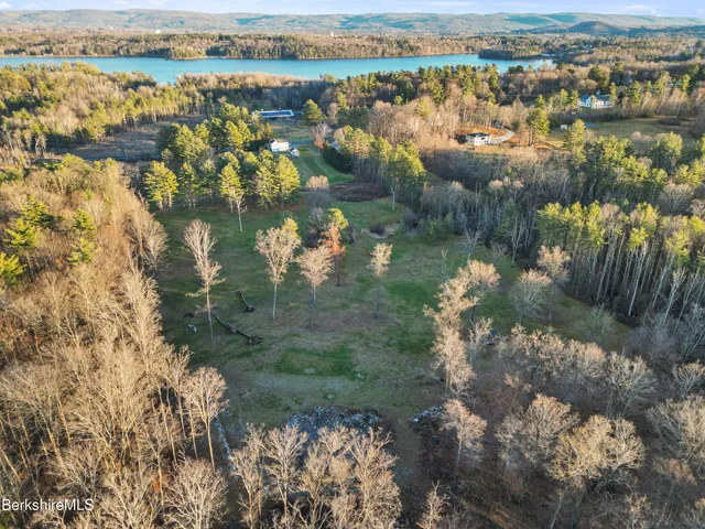 an aerial view of residential houses with outdoor space and trees