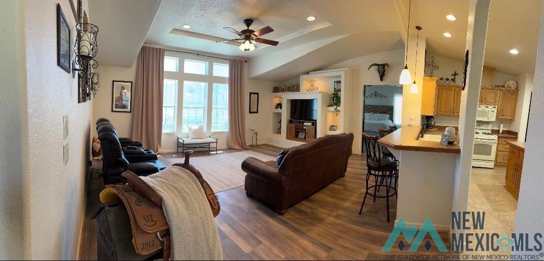 4 Midway Road Caballo, NM 87931 - Photo 4 of 43 Living area with a ceiling fan, dark wood finished floors, recessed lighting, lofted ceiling, and a tray ceiling