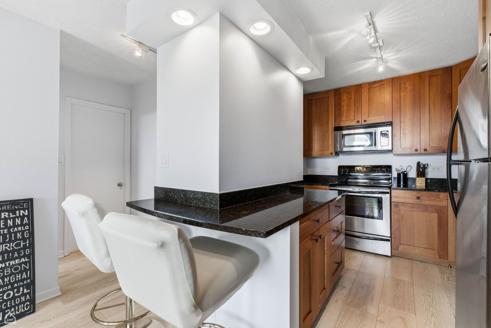 450 West Briar Place, Unit 10H Chicago, IL 60657 - Photo 3 of 17 a kitchen with granite countertop a stove a sink and a microwave