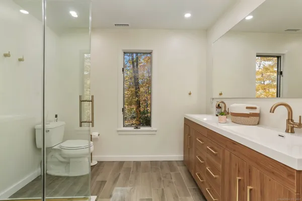 a bathroom with a double vanity sink toilet and shower