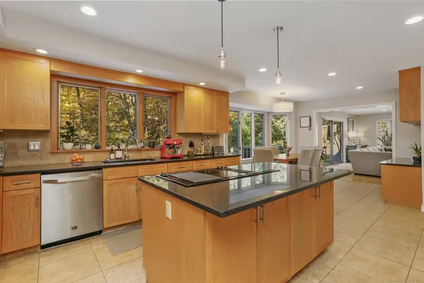 a kitchen with stainless steel appliances granite countertop a sink a counter top space appliances and a window