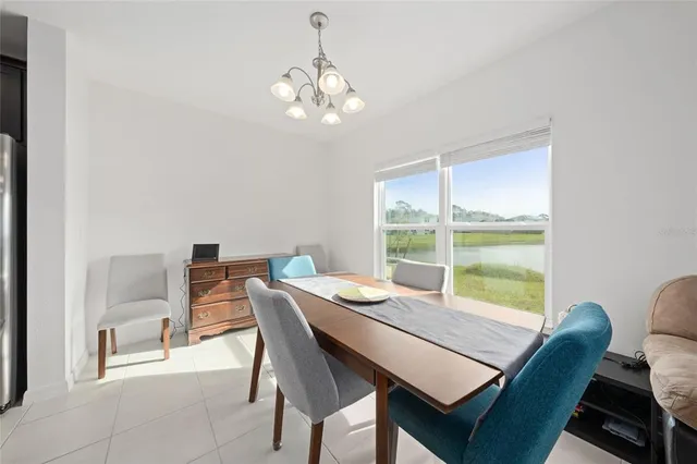 a view of a dining room with furniture window and outside view