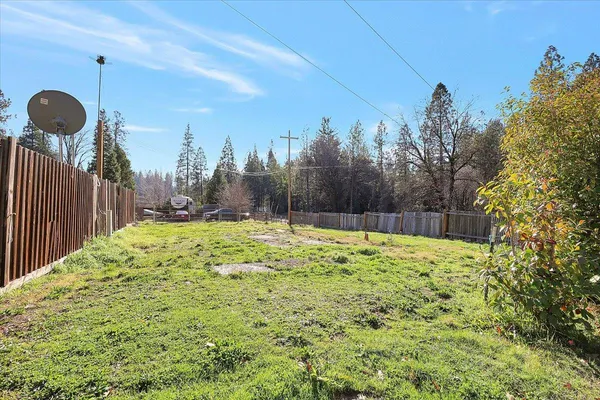 a view of a yard with a trees in the background