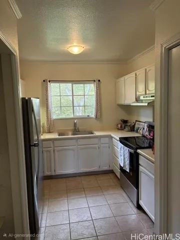 a kitchen with a sink window and cabinets