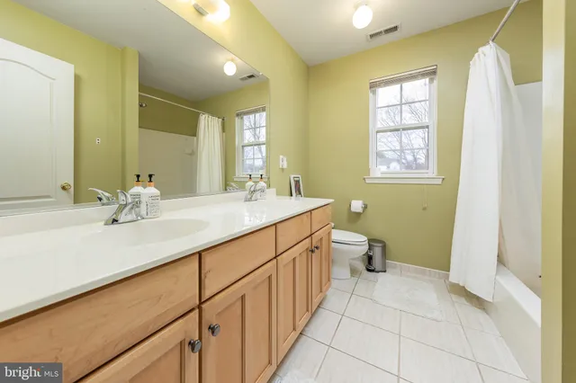 a bathroom with a double vanity sink toilet and a tub