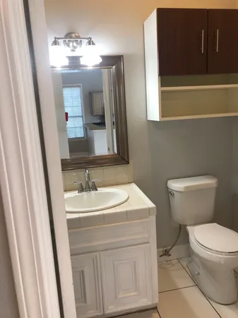 a bathroom with a sink a toilet and mirror