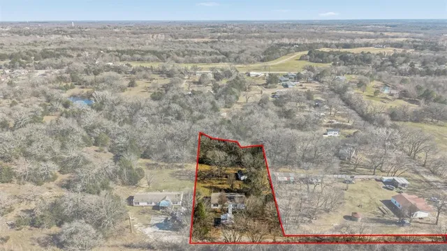 a view of a backyard with large trees