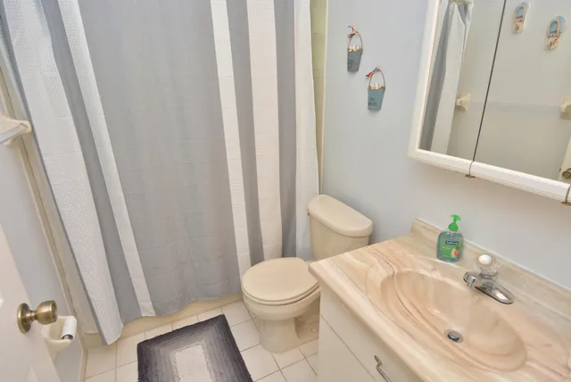 a bathroom with a sink a toilet and shower curtain