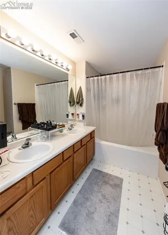 a bathroom with a double vanity sink a large mirror and a bathtub