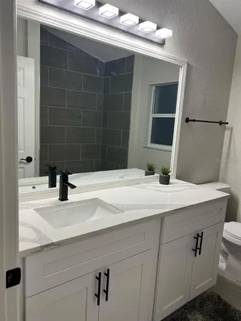 a bathroom with a sink and a mirror