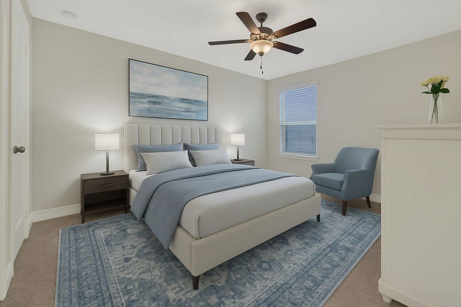 19248 Yellow Chestnut Lane New Caney, TX 77357 - Photo 27 of 42 a bedroom with a bed and a chandelier