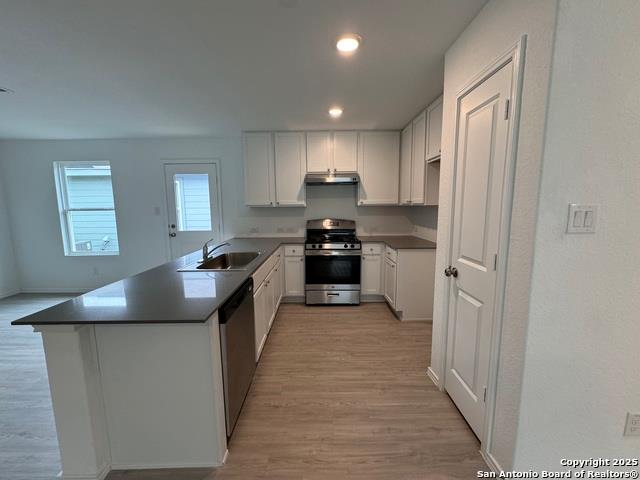 13722 Appleton Way San Antonio, TX 78253 - Photo 4 of 22 Kitchen featuring a peninsula, stainless steel appliances, light wood-style flooring, dark countertops, and white cabinets