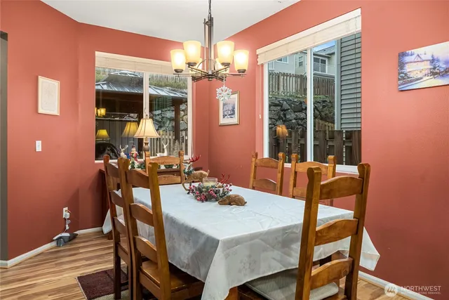 a view of a dining room with furniture window and outside view
