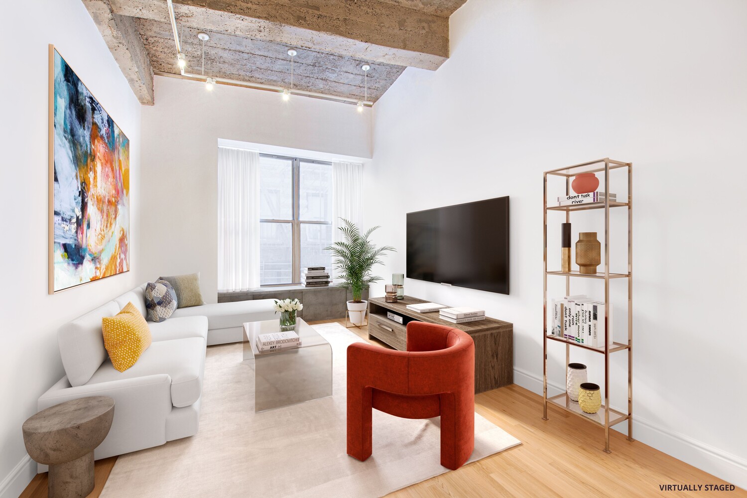 419 West 55th Street, Unit 2D Manhattan, NY 10019 - Photo 1 of 10 a living room with furniture and a flat screen tv