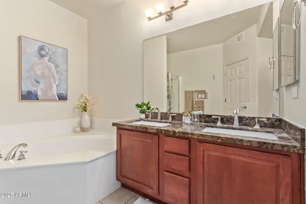 a bathroom with a double vanity sink and a bathtub