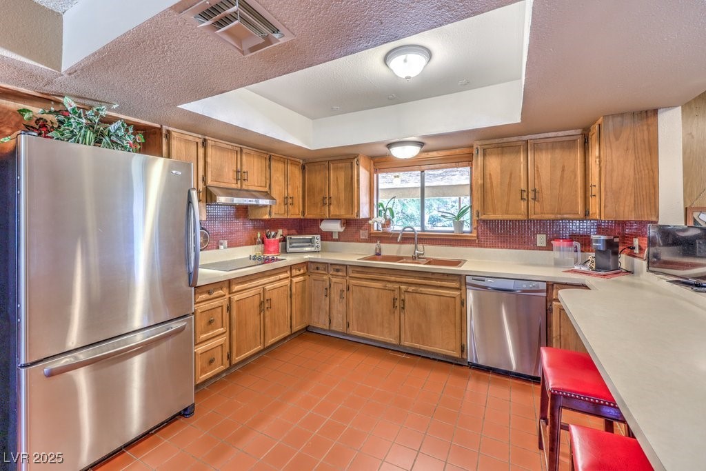 10615 Rancho Destino Road Las Vegas, NV 89183 - Photo 16 of 53 Kitchen featuring a sink, a tray ceiling, visible vents, and stainless steel appliances