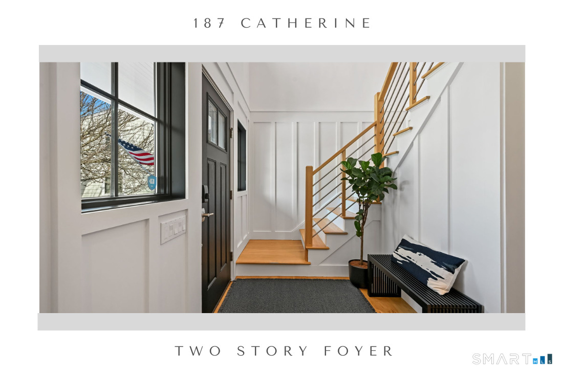 187 Catherine Terrace Fairfield, CT 06824 - Photo 19 of 40 Wrapped in battan board wall detail, the 2-story entry is graced with first and second story windows, wide plank floors, sleek oak and steel staircase and railings.