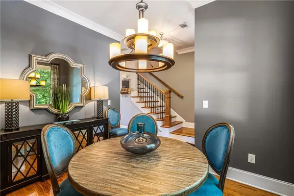 a view of a dining room with furniture