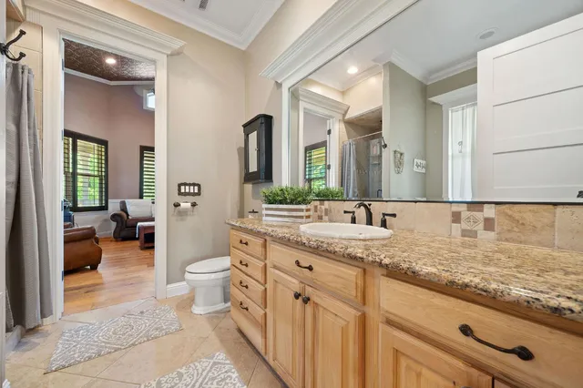 a view of a backyard with furniture and a garden