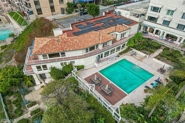 an aerial view of an buildings and street