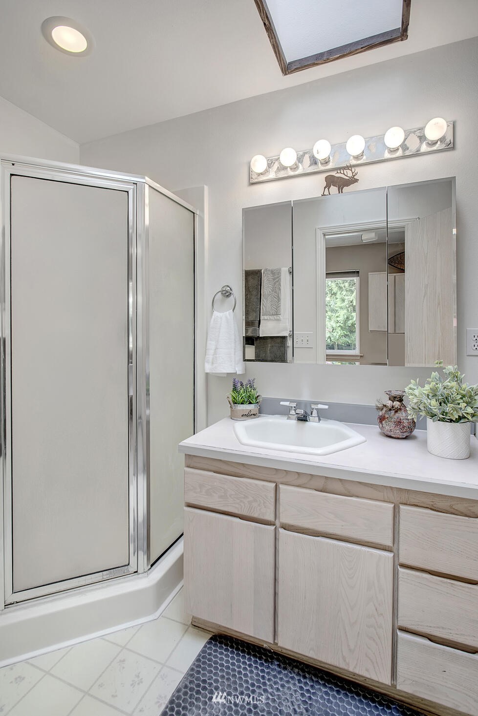 12115 Gould Road Graham, WA 98338 - Photo 24 of 37 a bathroom with a sink a mirror and a shower