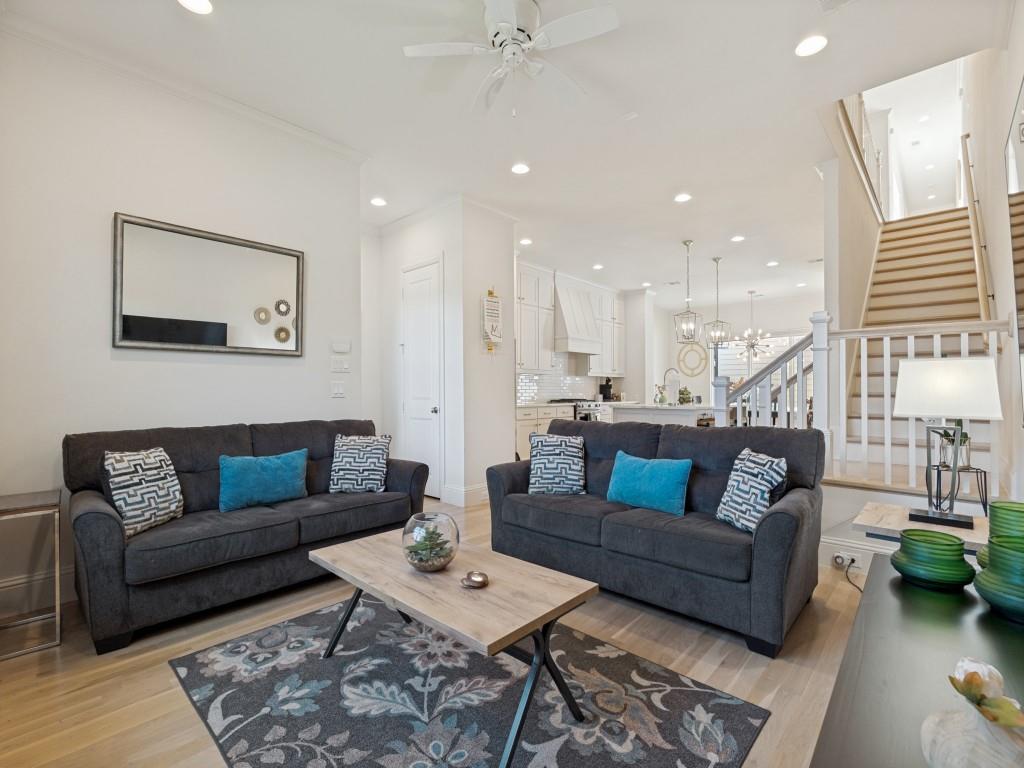732 West 7th Street Dallas, TX 75208 - Photo 5 of 25 Open-concept living space with light wood-finish flooring, recessed lighting, and a ceiling fan