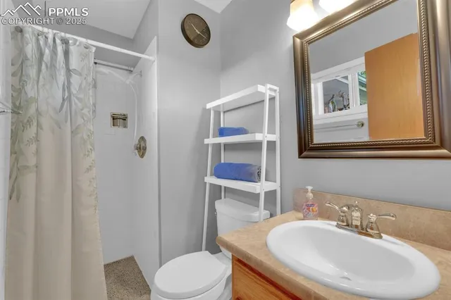 a bathroom with a sink toilet a mirror and shower