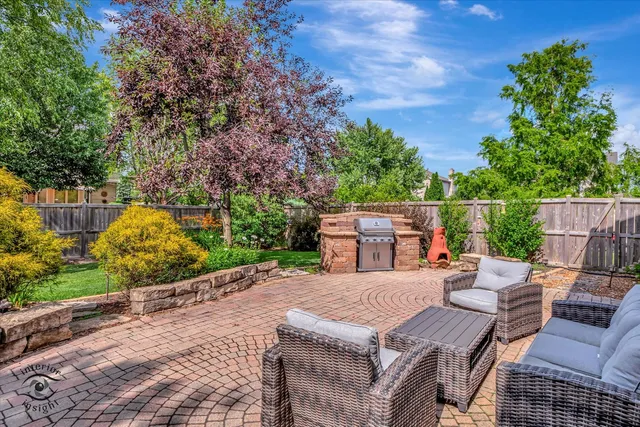 an outdoor space with seating