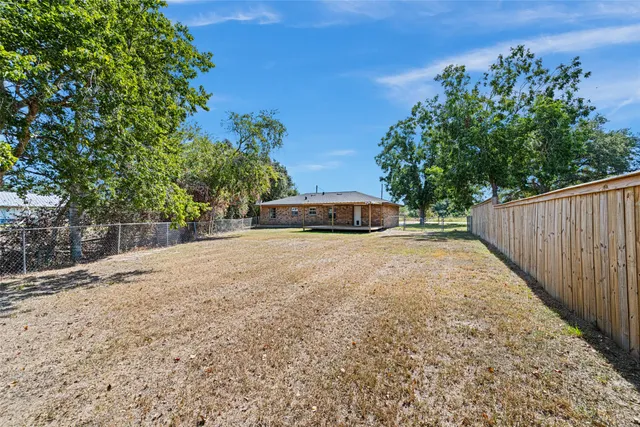 a palm tree sitting in front of a yard with wooden fence