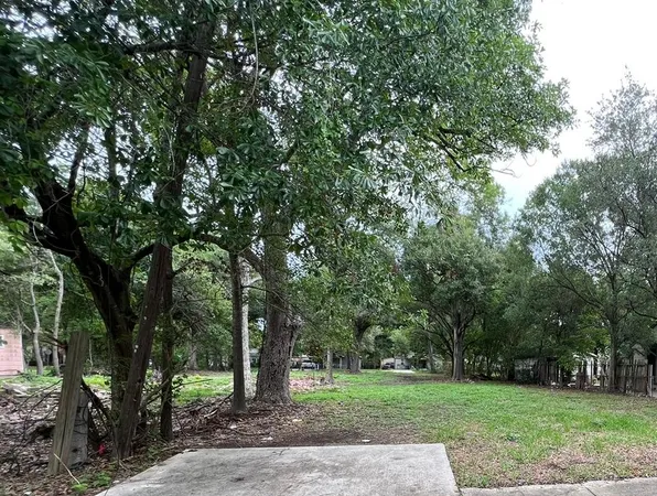 a view of a park with trees in front of it