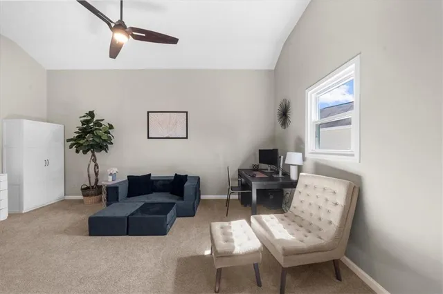 a living room with furniture potted plant and a window