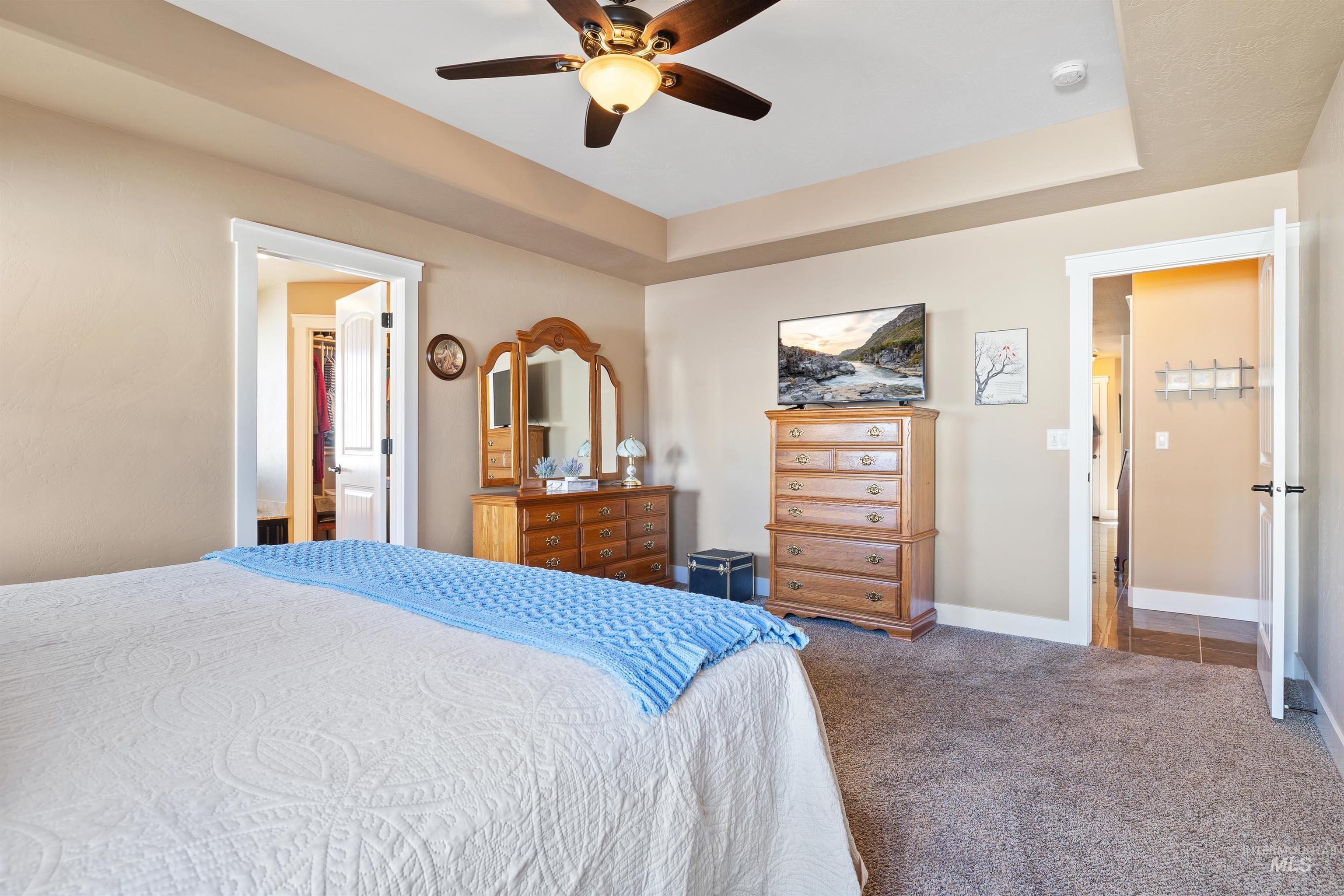 330 Arrowhead Path Twin Falls, ID 83301 - Photo 11 of 37 Carpeted bedroom featuring a ceiling fan, a tray ceiling, and ensuite bathroom