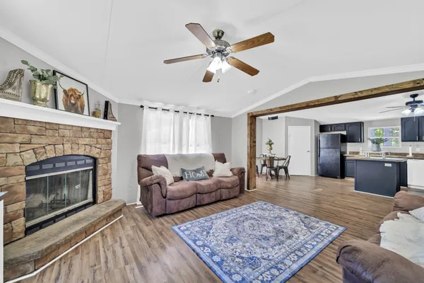 a living room with furniture and a fireplace