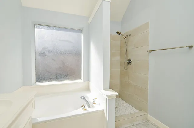 a bathroom with a bathtub