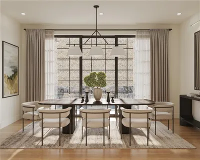a dining room with furniture and window