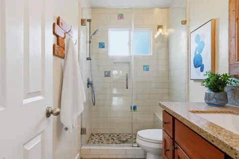 an aerial view of residential houses with outdoor space and trees