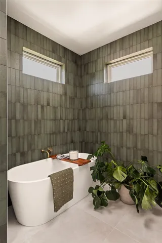 a bath tub sitting in a bathroom