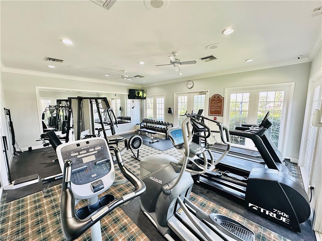 1820 Florida Club Circle, Unit 2210 Naples, FL 34112 - Photo 33 of 37 Workout area with ornamental molding, recessed lighting, a ceiling fan, and french doors