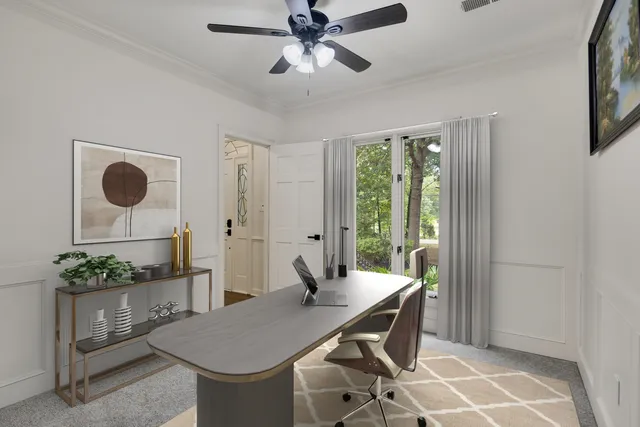 a dining room with furniture and window