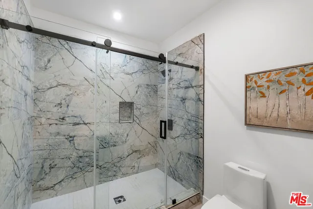 a bathroom with a shower and a toilet