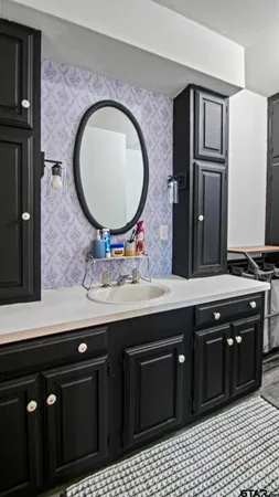 a bathroom with a sink and a mirror