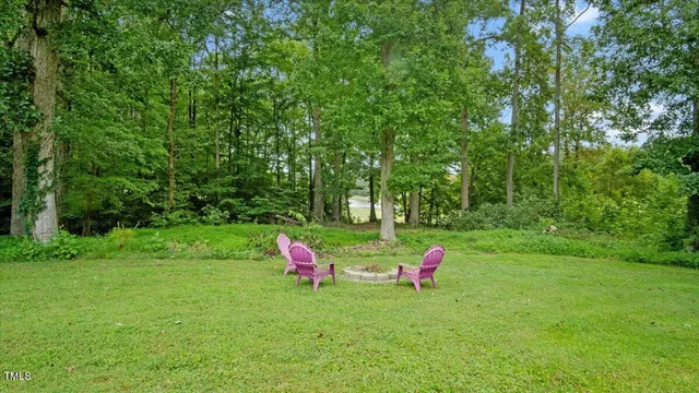 a view of a green yard with large trees