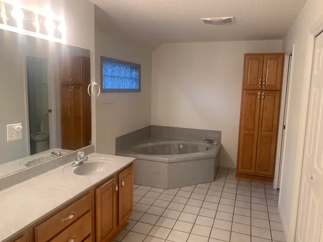 a bathroom with a sink a mirror and a bathtub