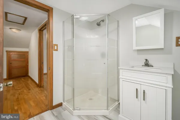 a bathroom with a shower sink and mirror