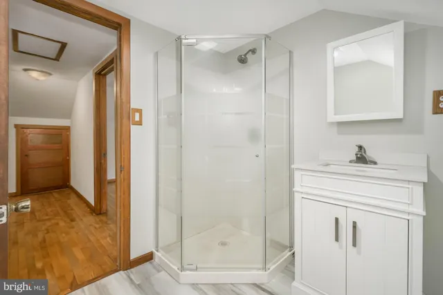 a bathroom with a shower sink and mirror