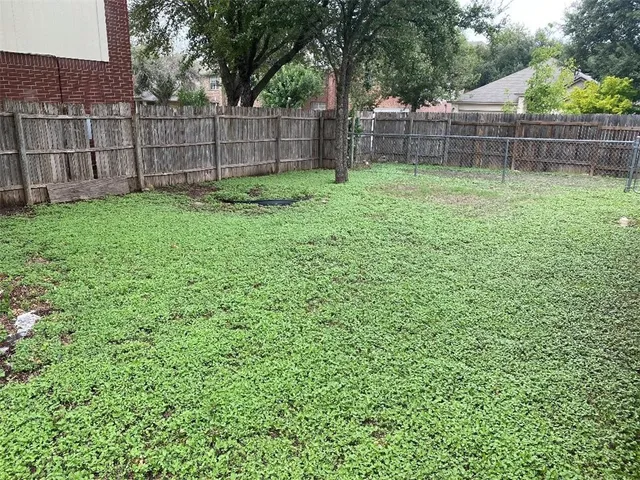 a view of a backyard with a small cabin and a chair