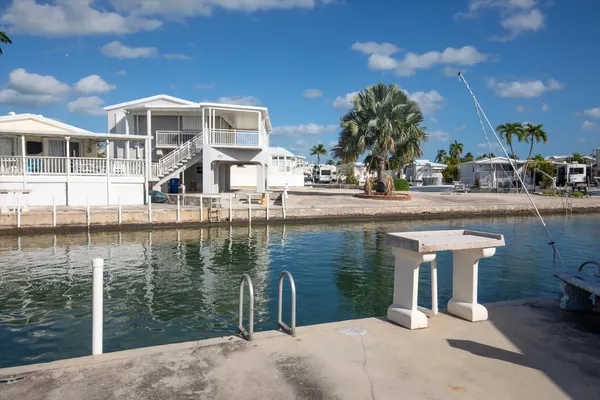 a view of a lake with a yard and potted plants