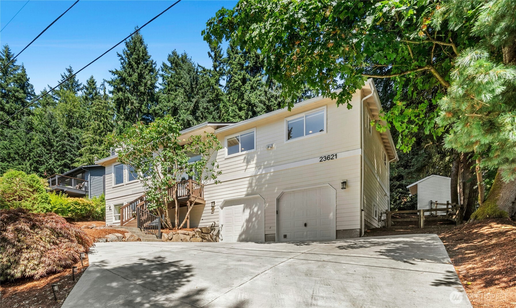 a view of a white house with a large tree