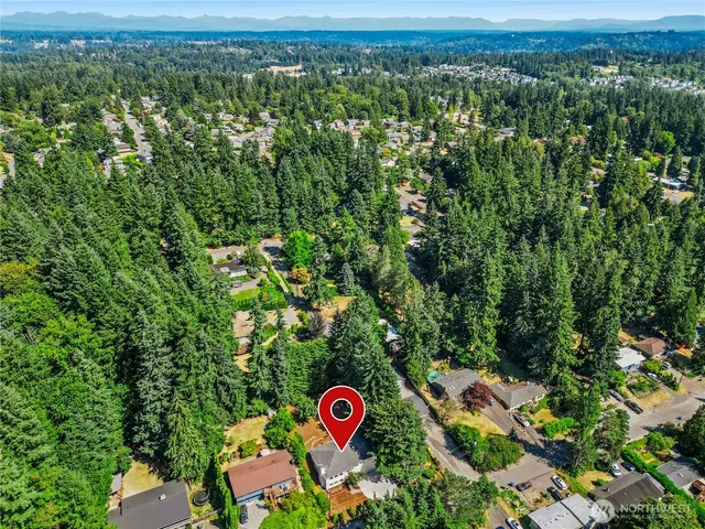 an aerial view of residential houses with outdoor space and trees
