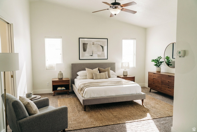 1825 West Mathis Park Place, Unit 40 St. George, UT 84770 - Photo 16 of 28 Bedroom with lofted ceiling, carpet flooring, and a ceiling fan